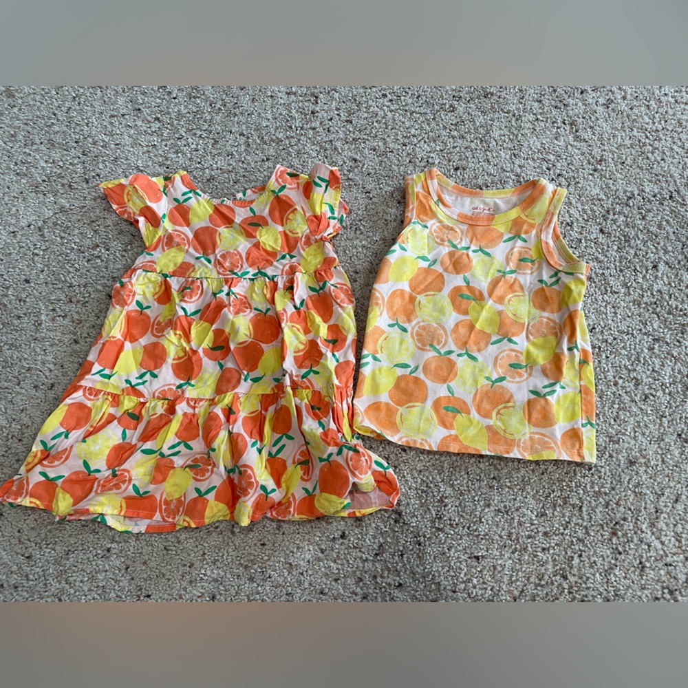 Cat & Jack matching boy girl twin Orange citrus fruit dress 2t and shirt 3t